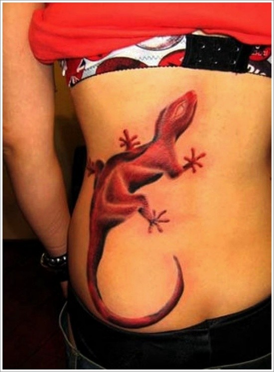 Watercolor red gecko tattoo on back