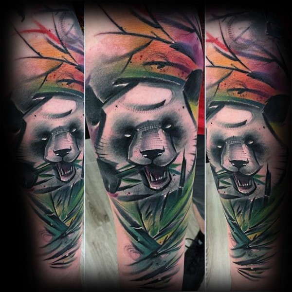 Watercolor style colored arm tattoo of eating panda bear