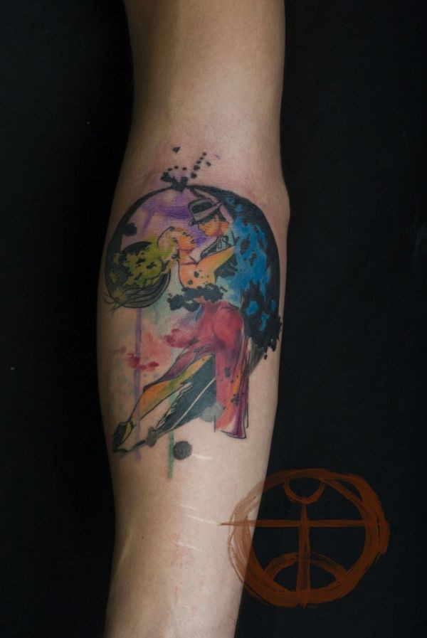 Watercolor style colored arm tattoo of fantasy couple