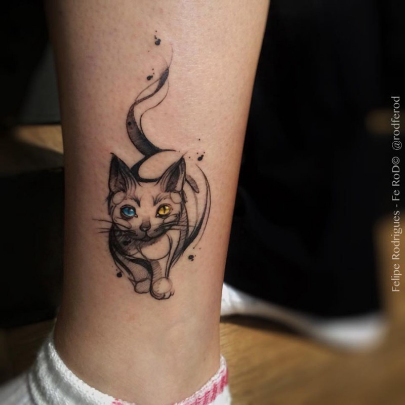 Watercolor style colored leg tattoo sweet cat