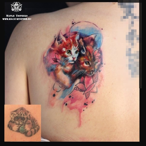 Watercolor style colored scapular tattoo of cute cats with flowers
