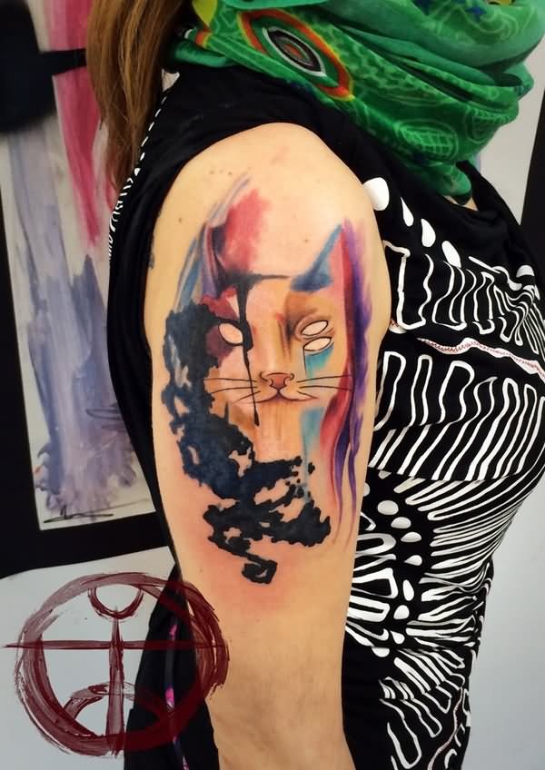 Watercolor style colored shoulder tattoo of cat silhouette