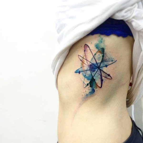 Watercolor style colored side tattoo of big atom