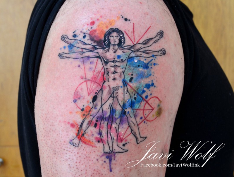 Estilo Aquarela colorido homem Vitruviano tatuagem no braço