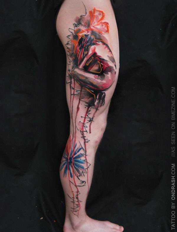 Watercolor style colored whole leg tattoo of cute woman with flowers
