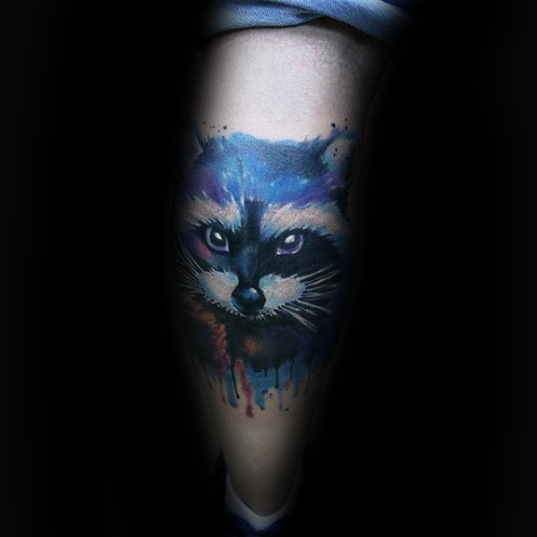 Watercolor style creepy looking leg tattoo of raccoon