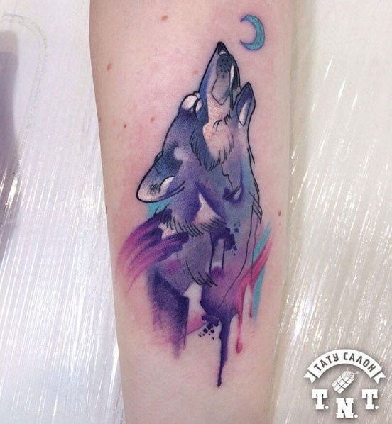 Aquarela estilo bonito tatuagem braço olhando de lobo com a lua