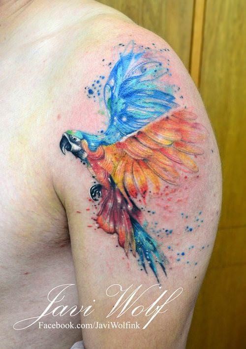 Watercolor style large colorful shoulder tattoo of flying parrot