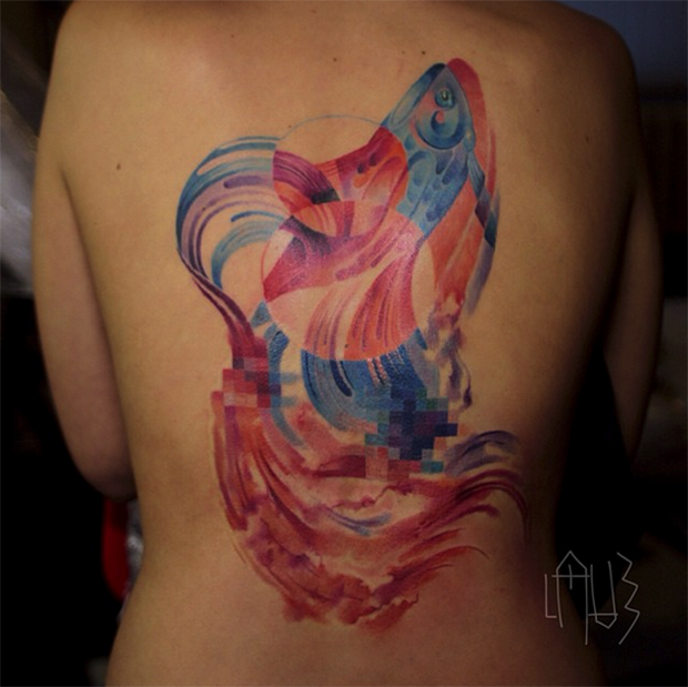 Watercolor style large whole back tattoo of beautiful fish