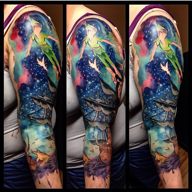 Watercolor style painted colorful half sleeve tattoo of Peter Pan and sailing ship