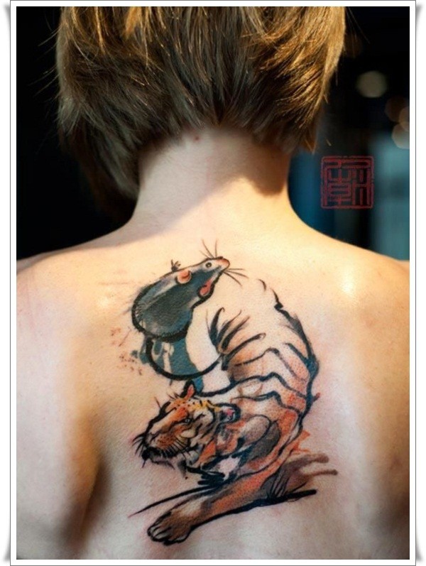 Watercolor tiger and mouse tattoo on back in asian style