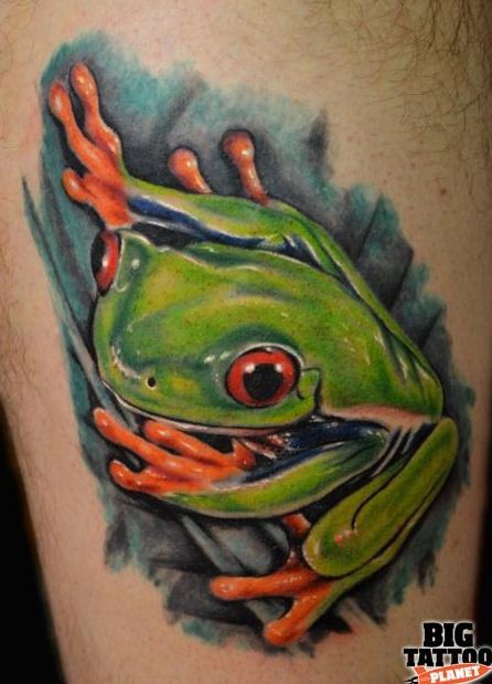 Tatuaje  de rana bonita con ojos saltones