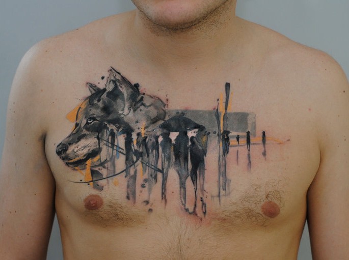 La tête de loup tatouage aquarelle sur la poitrine par dopeindulgence