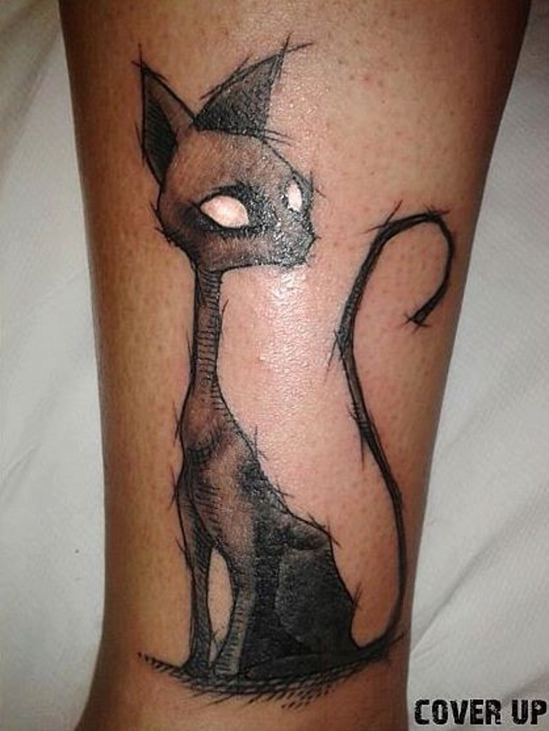 Weirdly looking unusual design cat tattoo on ankle