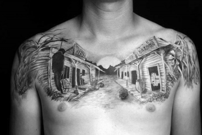 Tatuaje en el pecho,  calle occidental de colores blanco y negro