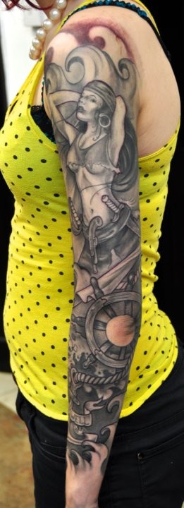 Wheel and woman pirate tattoo for girls  by bez triplesix