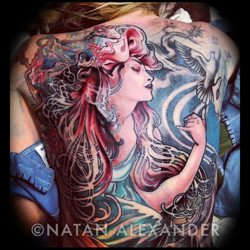 Whole back colored tattoo of mystical woman with pigeons