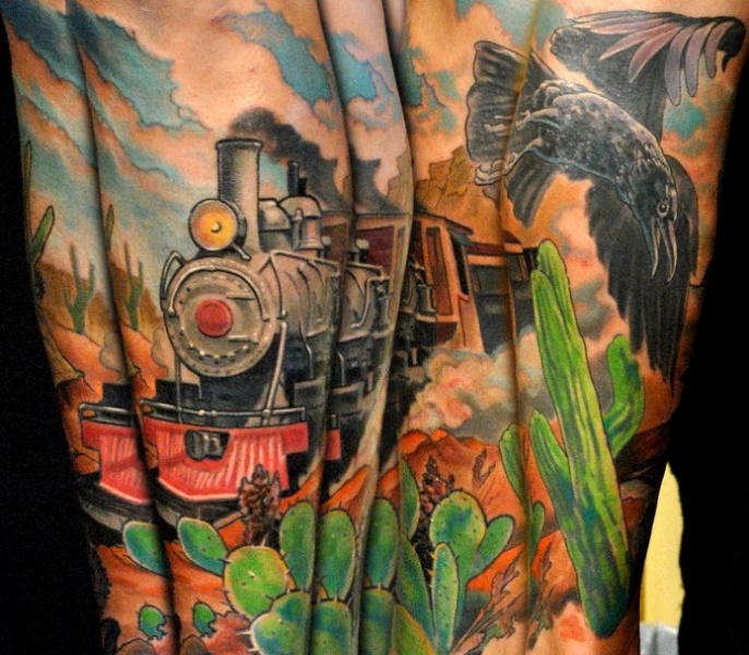 Wild life style colored tattoo of steam train with crow and cactus