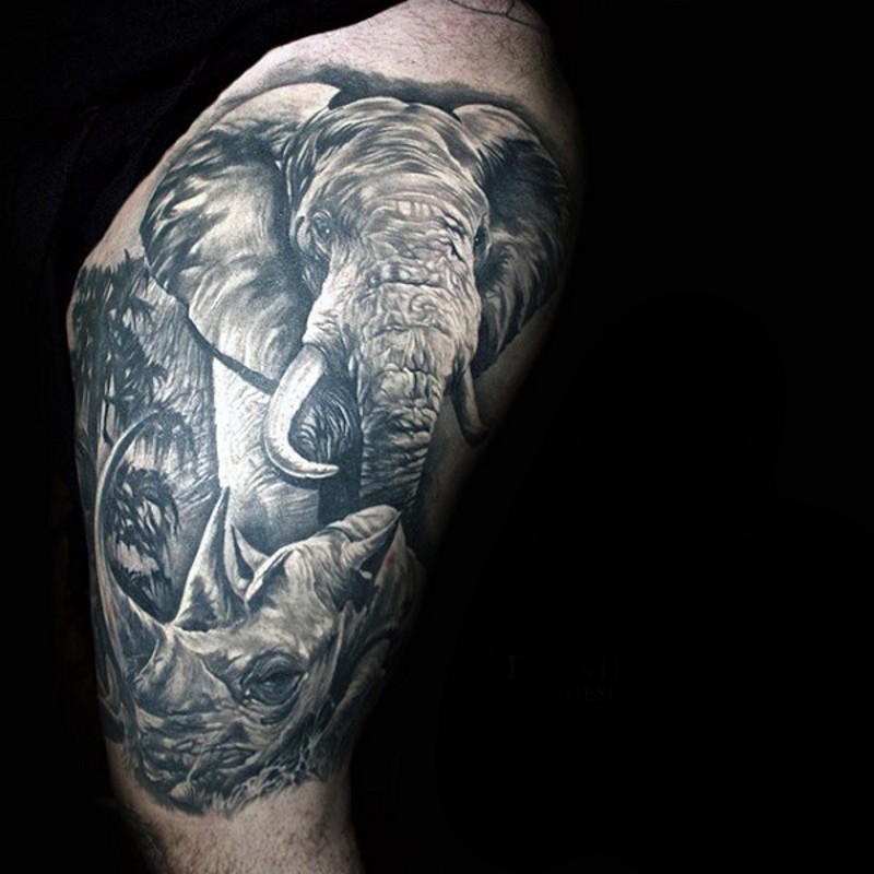 Wildlife nature scenery 3D lifelike elephant and rhinoceros tattoo in realistic style
