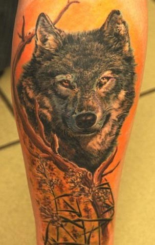 Tatuaggio sulla gamba il lupo tranquillo
