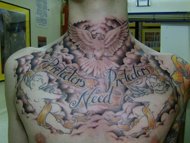 Womderful dove in sky with angels chest and throat tattoo