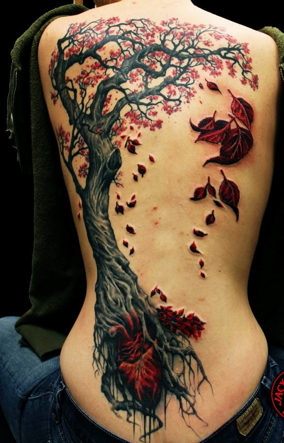 Wonderful black red tree tattoo on whole back