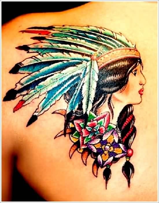 Wonderful colored 3D style very detailed back tattoo of cute Indian woman with flowers