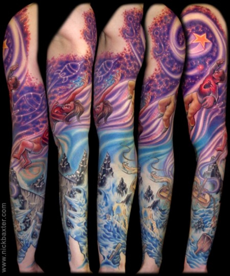 Wonderful colored massive fantasy world tattoo on sleeve