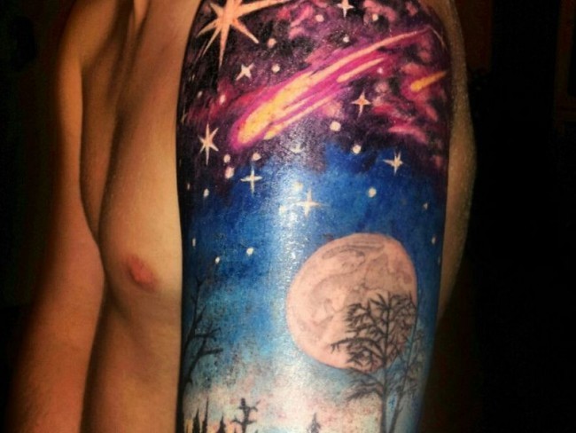 Wonderful colored shoulder tattoo of night sky and beautiful space