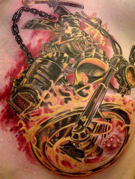 Wonderful coloured skeleton biker tattoo