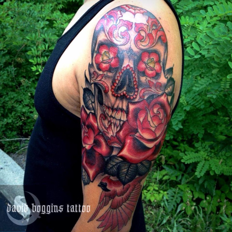 Wonderful coloured sugar skull tattoo by David Boggins