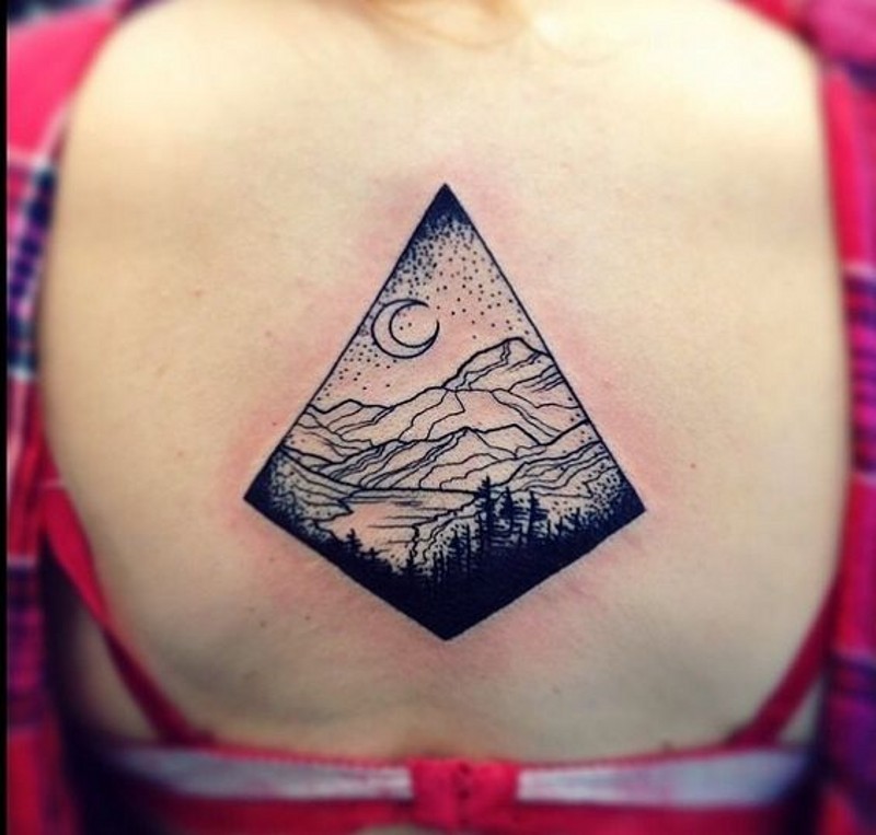Wonderful designed little triangle shaped mountains picture tattoo on back