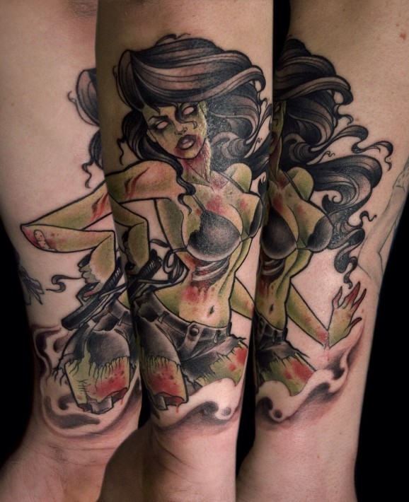 Wonderful detailed and colored sexy female zombie with gun tattoo on leg