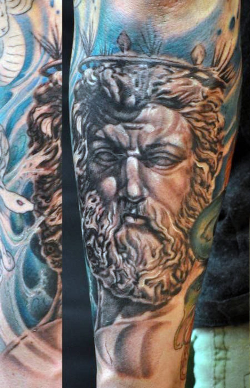 Wonderful detailed black and white Poseidon statue tattoo on leg