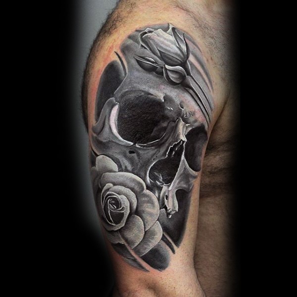 Wonderful detailed black and white skull shoulder tattoo with flowers