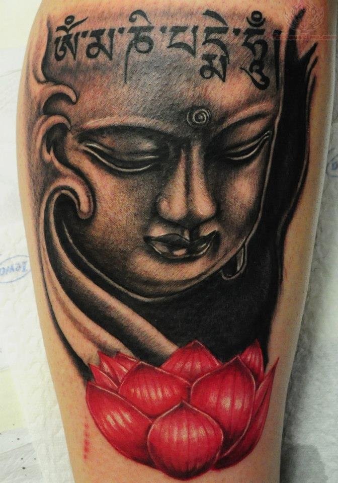 Wonderful looking colored shoulder tattoo of Buddha statue and red lotus