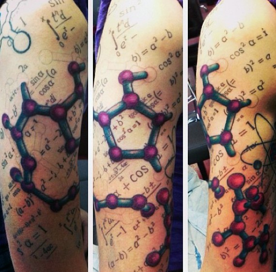 Wonderful looking colored shoulder tattoo of chemistry with formulas