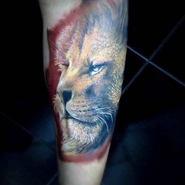 Wonderful realism style colored forearm tattoo of steady lion face