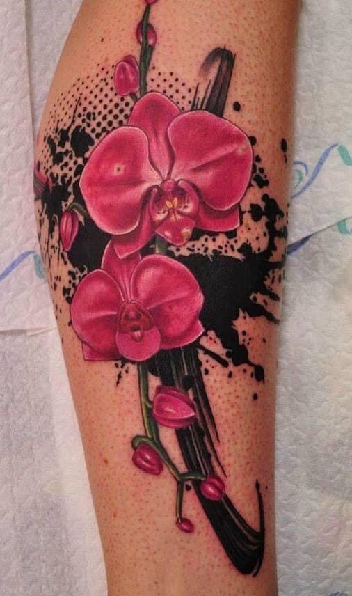 Wonderful red orchids tattoo on leg