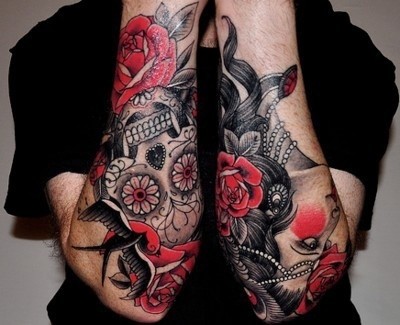 Wonderful sugar skull with women forearm tattoo