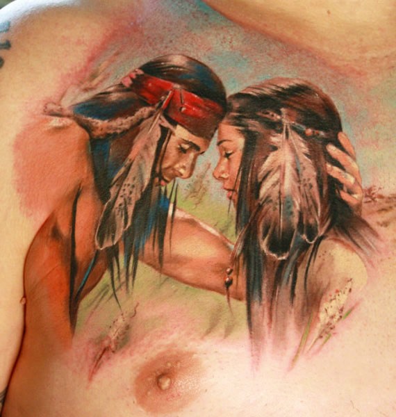 Wonderful warercolor portrait of a loving of native americans tattoo