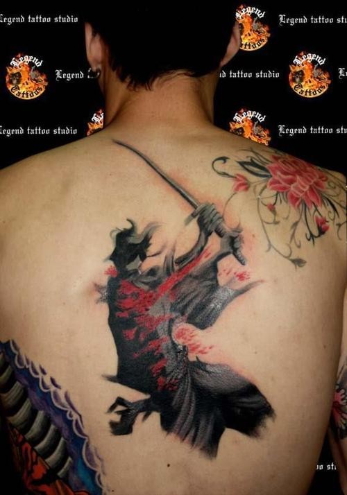 Wonderful watercolor japanese samurai tattoo on back