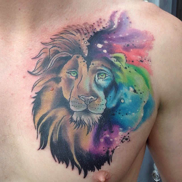 Wonderful watercolor lion tattoo on chest