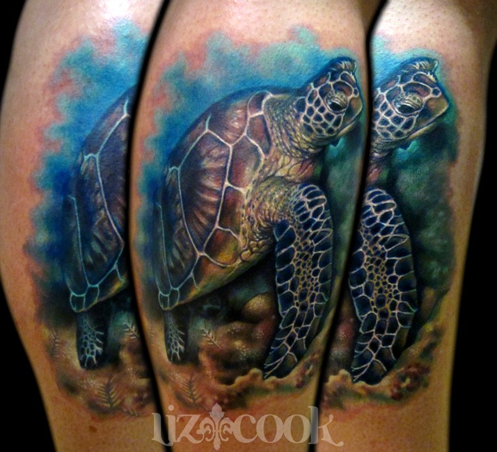 Wonderful watercolor sea turtle tattoo by Liz Cook