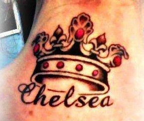 Word chelsea and crown tattoo on back neck