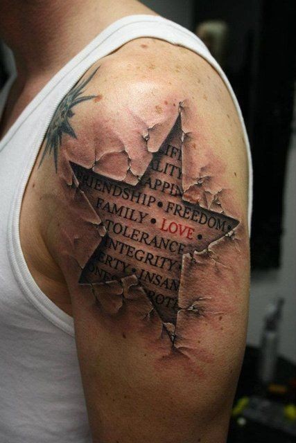 Words under skin rip tattoo on shoulder