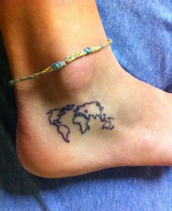 World map on ankle small tattoo