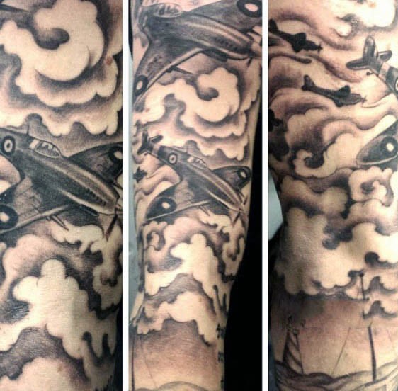 WW2 themed colored sleeve tattoo of military planes in sky