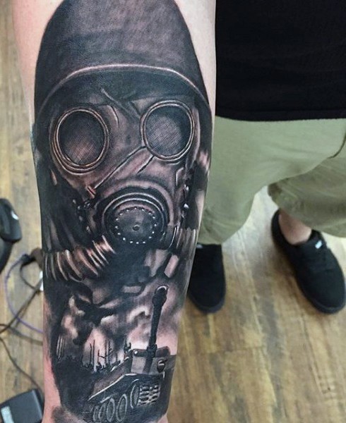 WW2 themed realism style very detailed soldier in gas mask tattoo on forearm combined with Tiger tank