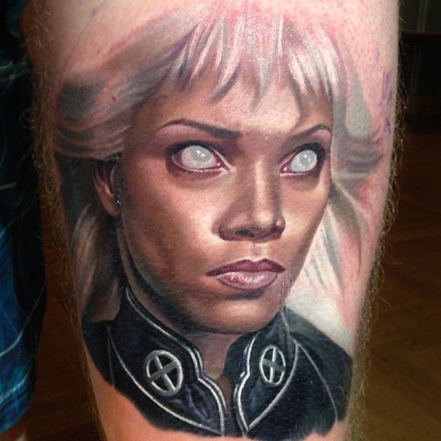 X-men themed colored detailed Storm portrait tattoo